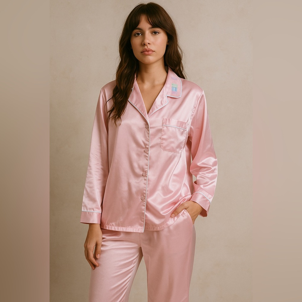 Y2K Pink brushed‎ Satin Button-Down Pajama Set – Long Sleeve Top & Pants Medium